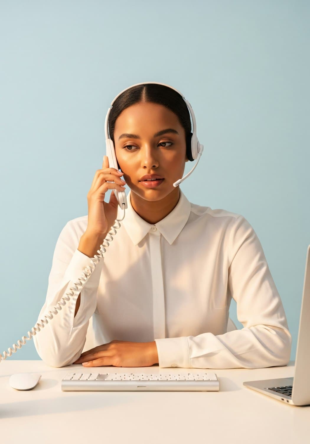 A member of the customer team wearing a headset at a desk with a laptop