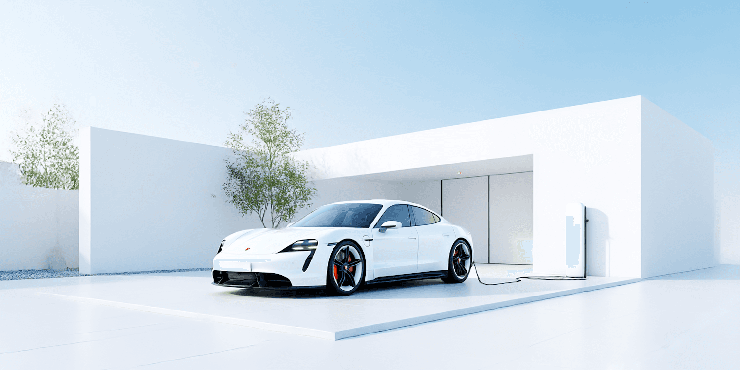 A white car parked and charging outside a modern white building under a clear sky