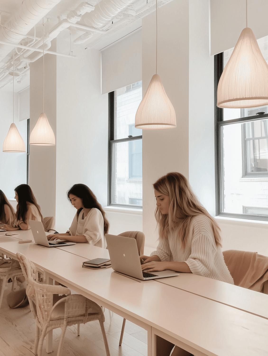 A bright open-plan office where two colleagues are working at laptops